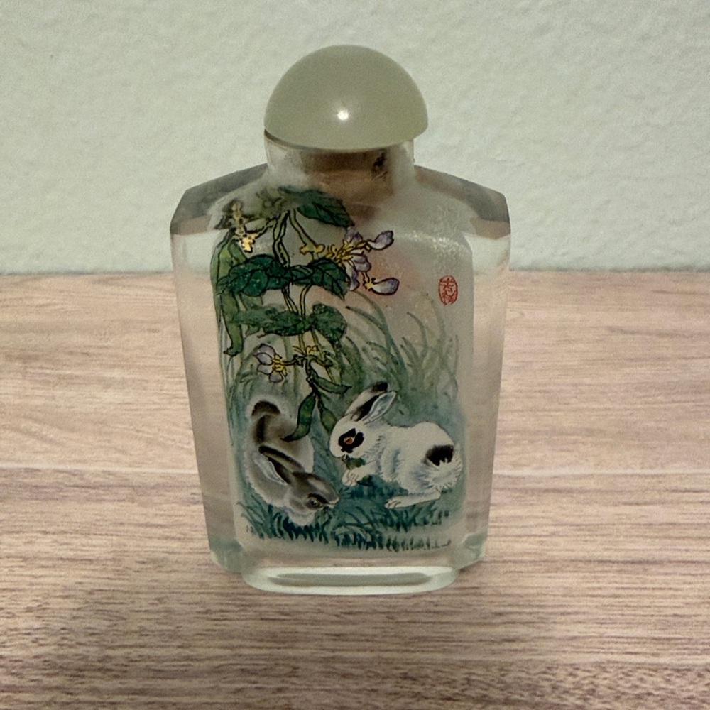 Chinese Reverse Painted Snuff Bottle with Rabbits & Dog. Wonderful Easter Gift!